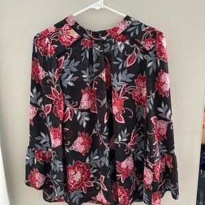 LOFT Black and Pink Ruffled Floral Blouse
